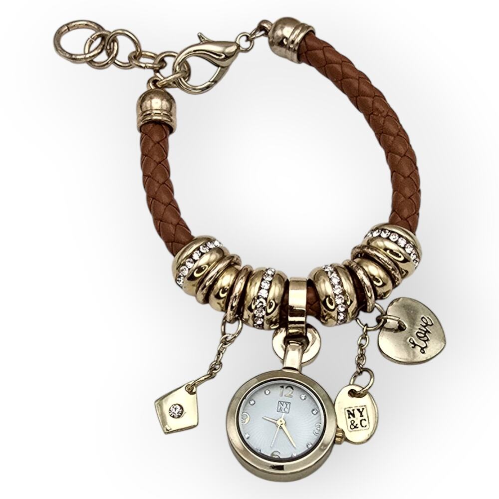 Charm Bracelet Watch Brown Braided Leather Gold Rhinestone Accent - Boho Chic